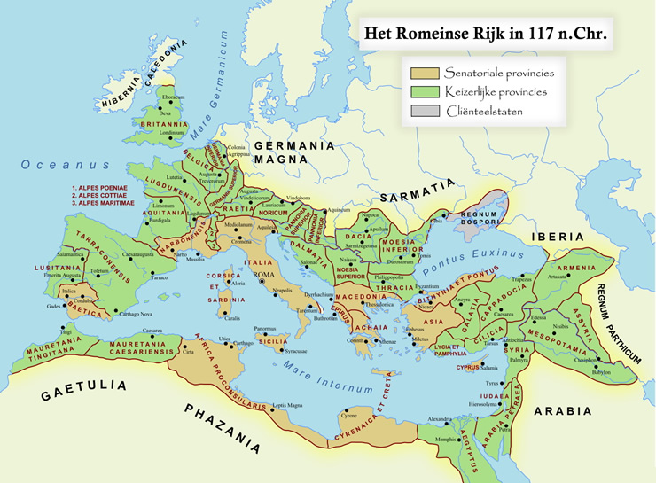 De provinciae op het hoogtepunt van het Romeinse Rijk in 117. Hoewel Assyria, Mesopotamia en Armenia spoedig weer verloren gingen, bleef deze indeling verder goeddeels in stand tot 297. De maximale uitbreiding van het Romeinse Rijk. Overgezet op een landschapskaart. 